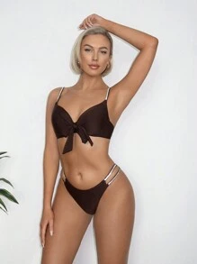 SHEIN Swim Conjunto de traje de baño de mujeres con detalles de correas tejidas y brillo, traje de baño para playa de verano - Café integral - Ver 5