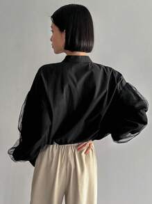 FRIFUL 女式波尔卡圆点网眼撞色灯笼袖衬衫长袖上衣 - 黑色 - 查看 5