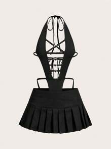 SHEIN ICON 鏤空露背掛脖連身衣百褶裙套裝 - 黑色 - 查看 2