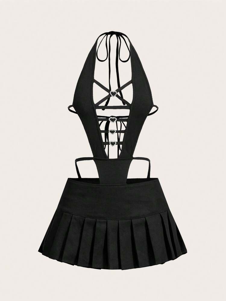 Hollow Out Halter Neck Bodysuit With Backless Design And Pleated Skirt Set