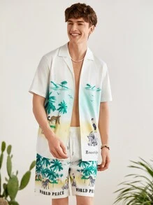 Manfinity VCAY Men's Coconut Tree Print Shirt And Drawstring Waist Shorts - Multicolor - View 3