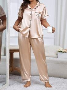 LuxeNights Plus Size Imitation Silk Heart Embroidery Top & Pants Pajama Set