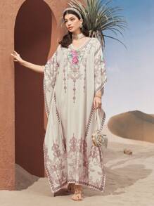 Al Najma Women's Turkish Floral Print Batwing Sleeve Long Shirt Kaftan - Multicolor - View 1