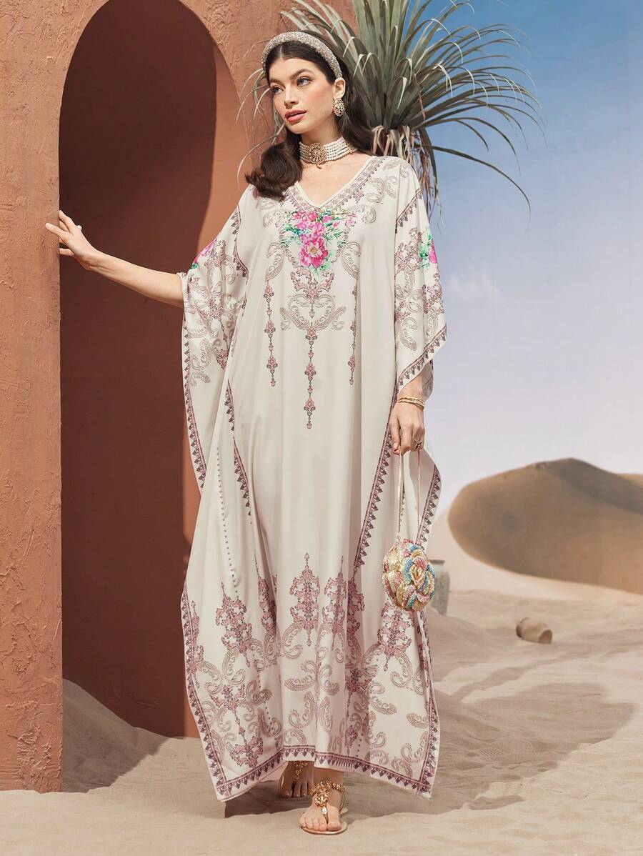 Al Najma Women's Turkish Floral Print Batwing Sleeve Long Shirt Kaftan - Multicolor - View 1