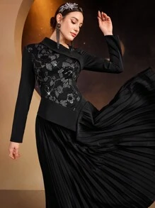 Modelyn 女士闪光刺绣不对称上衣和百褶裙套装，优雅晚会礼服两件套 - 黑色 - 查看 5