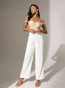 Anewsta Ladies Solid Color Off Shoulder Bodysuit - Champagne - View 4