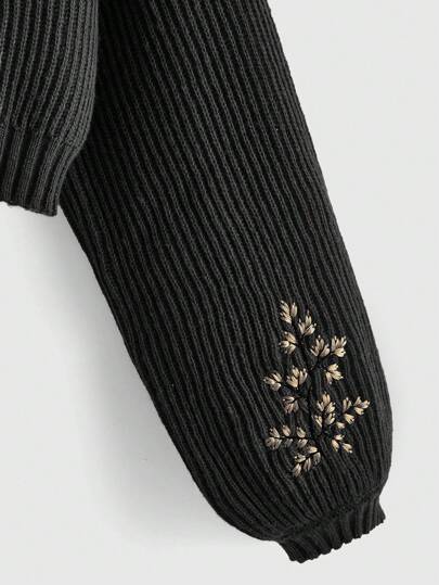 Fairycore Plus Size Women's Floral & Bee Embroidered Turtle Neck Sweater, School, For Winter