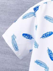 Set Di Maglietta Con Stampa Di Piume E Shorts A Tinta Unita Per Ragazzi Adolescenti - Blu reale - Visualizzare 6