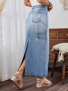 SHEIN X SAMADHI SHEIN LUNE Women's Zipper High Waist Long Denim Skirt With Pockets