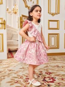 SHEIN Ensemble Haut Et Jupe En Patchwork De Jacquard Floral À Volants Pour Jeune Fille - Rose bonbon - Voir 4