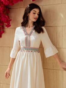 Al Najma Women's Belted Dress With Spliced Strap Design & Pendant Embellishment - Apricot - View 6