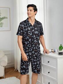 Men's Heart Print Short Sleeve Homewear Set - Black - View 1