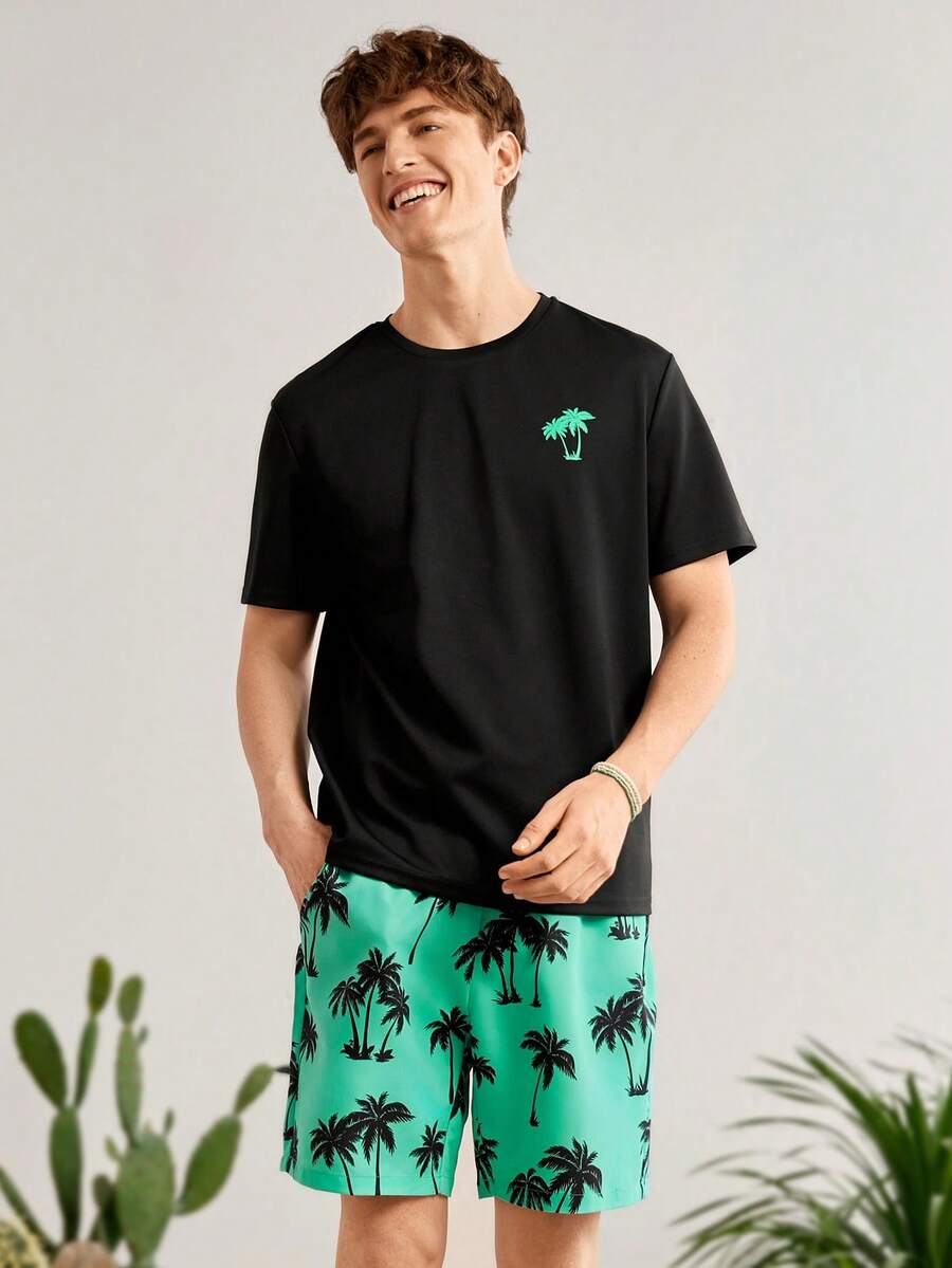 Manfinity VCAY Nam In cây dừa Ngắn tay Áo thun Và Quần short Giải trí 2 cái/bộ - Nhiều màu - Xem 1