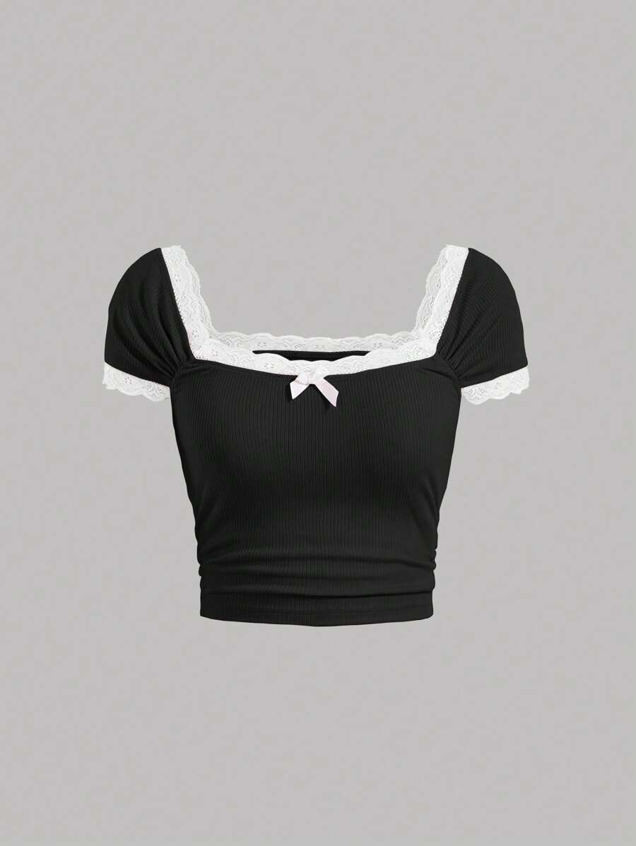 SHEIN Girlism 少女用肋式編織拼接和色塊花邊修飾的方領短袖T卹 - 黑色 - 查看 1