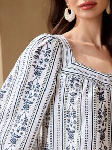 Seusyu 女士花卉印花甜心領氣球袖襯衫 - 彩色 - 查看 2