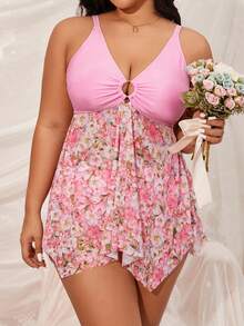 SHEIN Swim Curve Đồ bơi in hoa cỡ lớn cho nữ đi biển mùa hè có dây buộc tròn, kiểu dáng hai mảnh - Hồng - Xem 4
