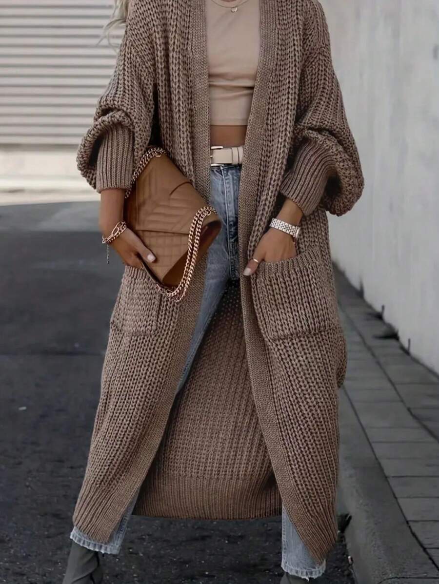 Women's Drop Shoulder Long Sleeve Double Pocket Long Knitted Cardigan - Coffee Brown - View 1