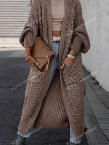 Women's Drop Shoulder Long Sleeve Double Pocket Long Knitted Cardigan