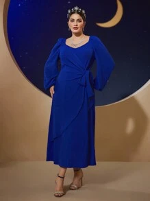Modelyn 大码女式纯色灯笼袖心形领口连衣裙长款晚礼服 - 藍色 - 查看 6