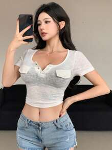 DAZY Damen Einfarbig Enganliegendes Crop Rib Strick T-shirt