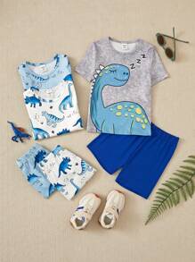 Young Boy 6pcs Cute Cartoon Dinosaur Printed Round Neck Snug Fit T-Shirt And Shorts Set, Home Wear - Blue - View 5