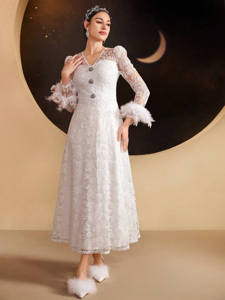 Women's Feather Cuff Lace Patchwork Dress