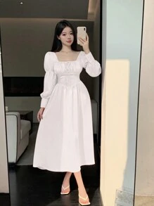 DAZY Ladies' Solid Color Square Neck With Ruffle Hem Sleeves, Pleated Ribbon Tie Dress, Fall Dress - White - View 3