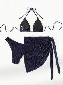 SHEIN Swim Conjunto De Bikini De Terciopelo De Leopardo Con Triángulo Y Falda De Baño Para El Carnaval - Multicolor - Ver 2