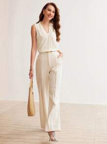 MOTF PREMIUM 絲質純色v領無袖襯衫 - 香檳色 - 查看 5