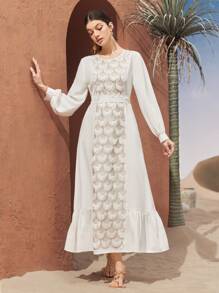 Modelyn 拼布流苏长袖系带阿拉伯风格 Jalabiya 连衣裙长款晚礼服 - 白色 - 查看 3