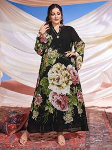 Al Najma Ramadan Plus Floral Print Notched Neckline Dress - Black - View 5