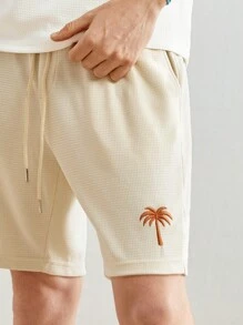 Manfinity VCAY 男士棕櫚樹印花針織休閒直筒短褲 - 杏色 - 查看 3
