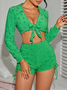 SHEIN Swim Summer Coconut Palm Design Easy Knot Front Bikini Set And Kimono - Green - View 4
