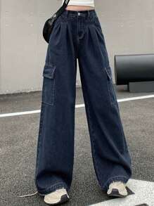 DAZY Quần Jeans Ống Rộng Rộng Có Túi Cho Nữ, Quần Jeans Rộng - Rửa tối - Xem 5