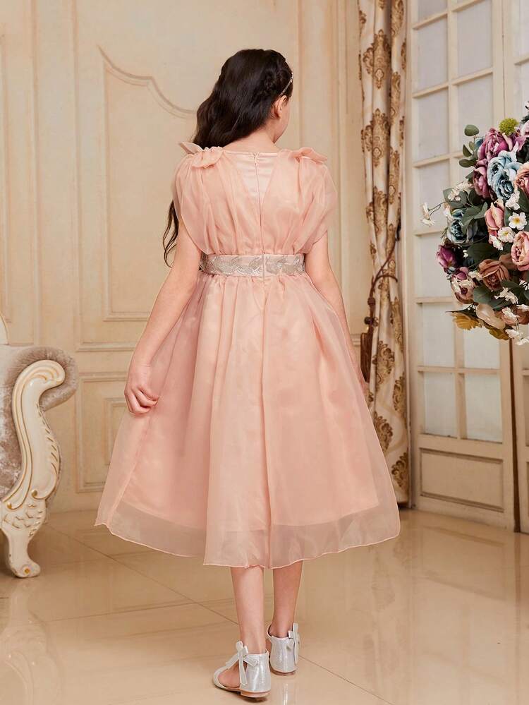 Tween Girl's Sleeveless Organza Dress With Bow Knot, V-Neckline And Tape Decoration