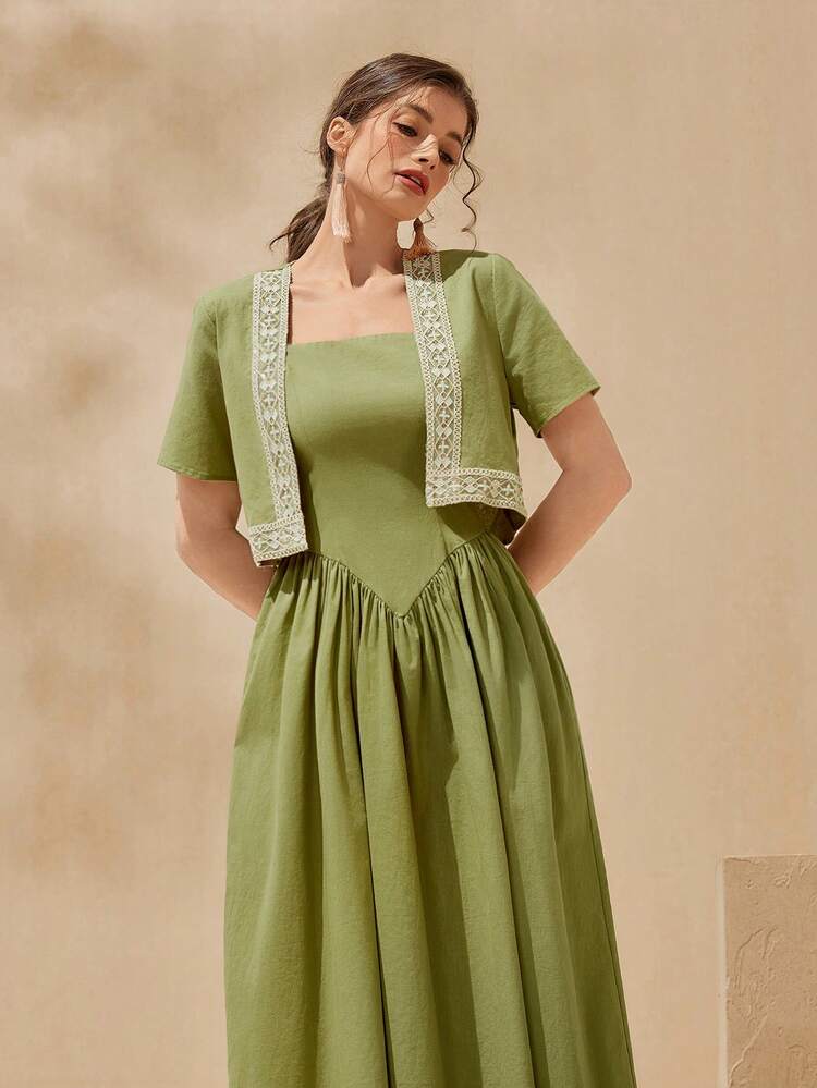 Women's Weave Strap Splicing Top And Solid Color Dress Two-Piece Set 2 Piece Set