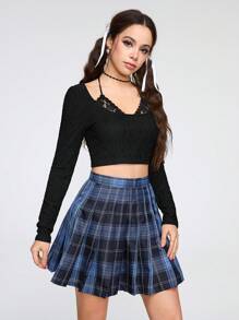 ROMWE Kawaii 復古性感二合一緊身長袖t恤女裝 - 黑色 - 查看 1