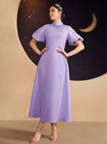 Modelyn 女式露肩泡泡袖连衣裙配水钻装饰立领长款晚礼服 - 紫色 - 查看 4