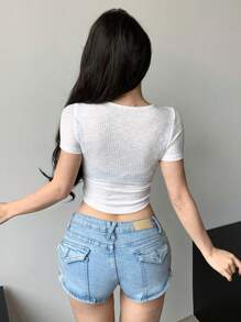 DAZY Damen Einfarbig Enganliegendes Crop Rib Strick T-shirt