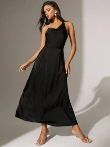 Anewsta Women's Cowl Collar Asymmetrical Hemline Dress - Black - View 3