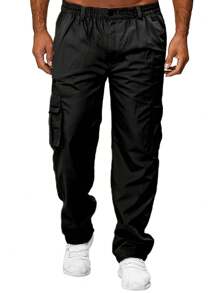 Men Plus Flap Pocket Side Drawstring Waist Cargo Pants - Black - View 1