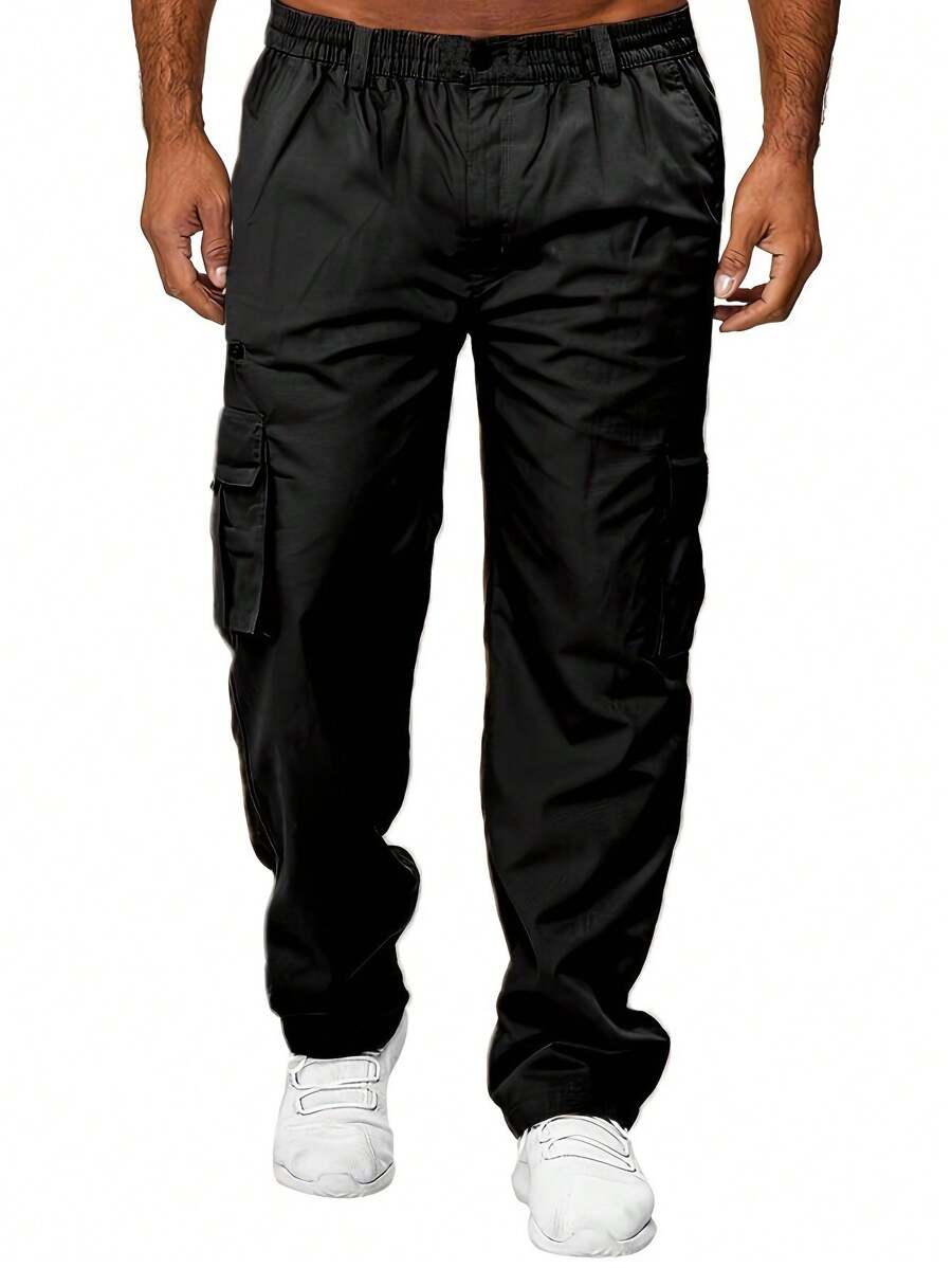 Men Plus Flap Pocket Side Drawstring Waist Cargo Pants - Black - View 1