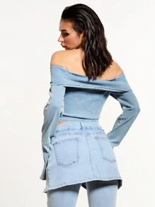 MUSERA Denim Bardot Long Top Spring 90's Sexy Summer