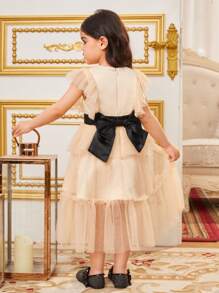 SHEIN Young Girls' Cute Butterfly Patterned V-Neck Mid-Length Dress With Cap Sleeves - Beige - View 3