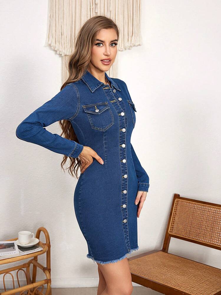 Women's Slim-Fit Denim Dress With Frayed Hem