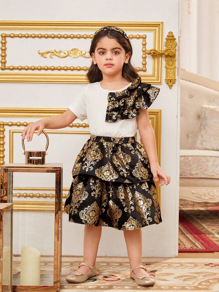 Young Girls' Matching Elegant Round Neck Ruffled T-Shirt And Skirt Set For Holiday