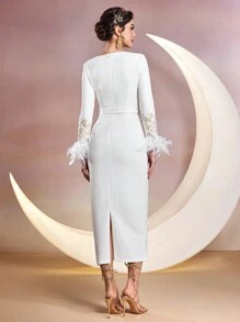 Modelyn Women's Slim Fit Color Block Dress With Turkey Feather Cuffs, Floral Embroidery And Front Slit,Elegant Evening Party Dress Long Evening Dresses - White - View 2