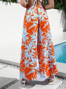 SHEIN VCAY Holiday Plant Print Wide Leg Pants - Orange - View 2