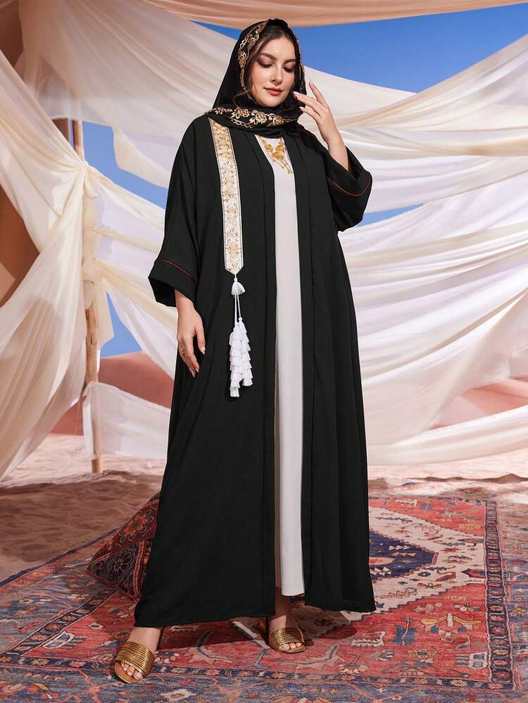 Plus Size Women's Abaya Dress With Woven Belt, Tassel Decoration And Arabesque Design