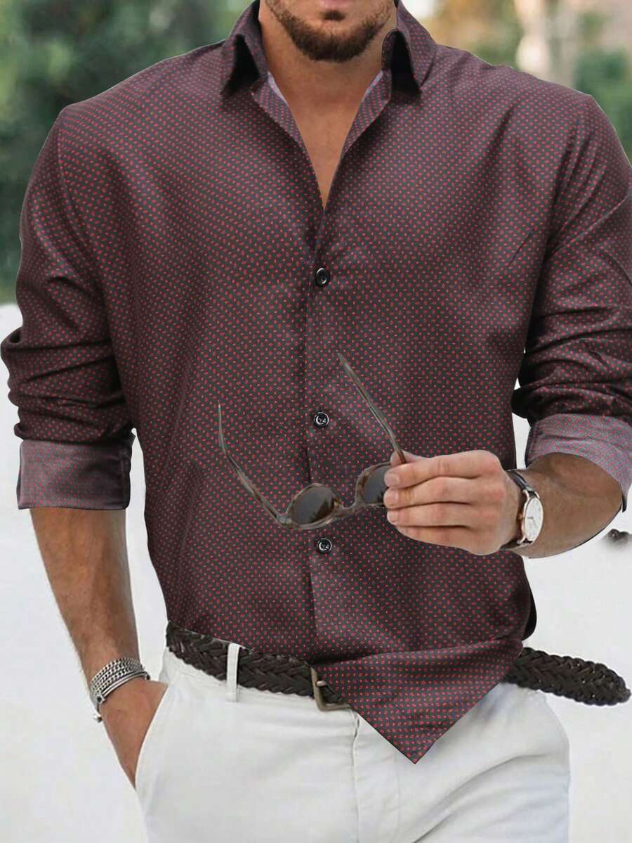 Manfinity Homme 男裝全印花長袖襯衫 - 紅色 - 查看 1